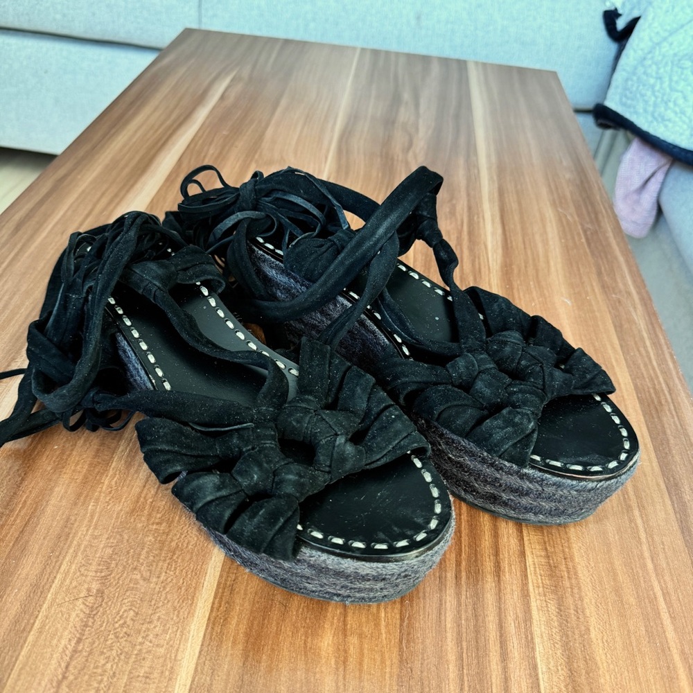 Sigerson Morrison Cosie Knotted Fringed Black Suede Platform Lace Up Sandal